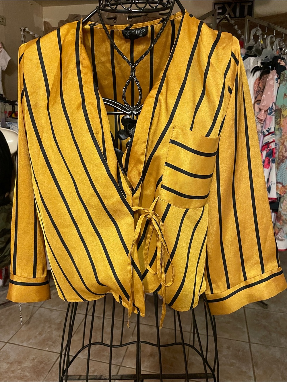 TOPSHOP Mustard Yellow and Black Striped Wrap Blouse